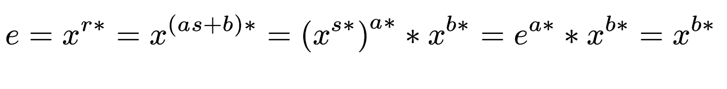 $\displaystyle e = x^{r*} = x^{(as+b)*} = \left(x^{s*}\right)^{a*}*x^{b*} = e^{a*}* x^{b*} = x^{b*}$